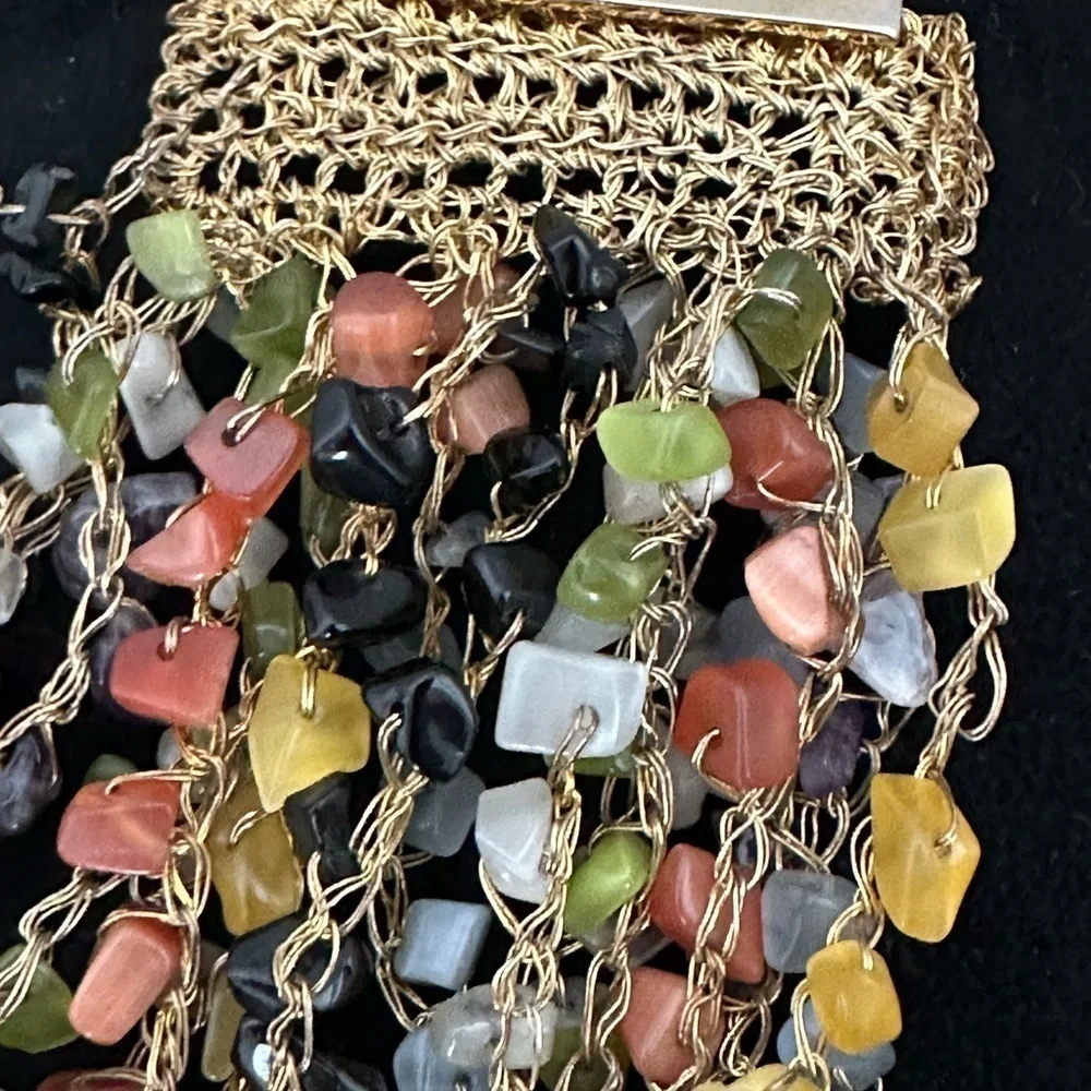 SALE: Bracelet Multi-colored natural stones strung on gold woven wire. 4” wide